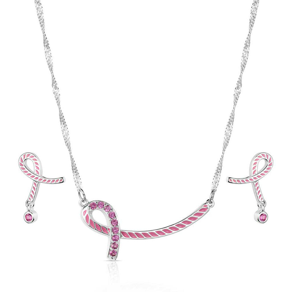 Close up view of Montana Silversmiths Pink Hope Rope Jewelry Set