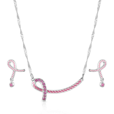Close up view of Montana Silversmiths Pink Hope Rope Jewelry Set