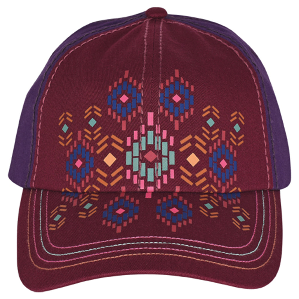Front side view of Burgundy & Aztec Print Cap