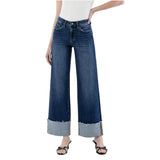 Front view of Flying Monkey LV1664 plus size wide leg jeans with cuffed hem and dark wash finish