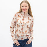 Front side view of cream long sleeve horse print mesh shirt