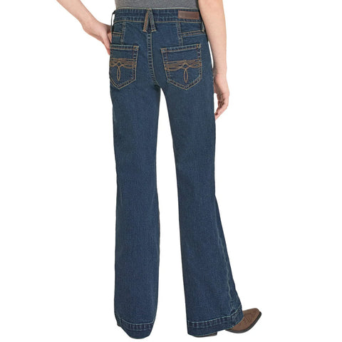 Full back side view of girls classic boot stitch pocket trouser jeans. 