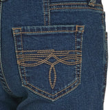 Close up back pocket view of girls classic boot stitch pocket trouser jeans. 
