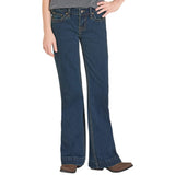 Full front side view of girls classic boot stitch pocket trouser jeans. 