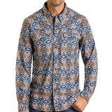 Grey and tan long sleeve snap shirt with black and white Aztec print. 