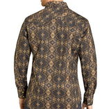 Back side view of the shirt, it features a double point western yoke. 