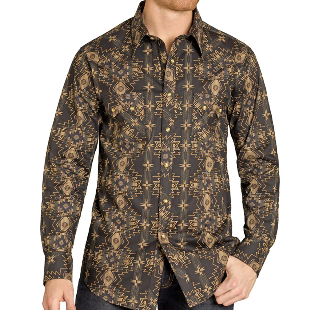 Black and gold long sleeve pearl snap shirt with two front chest pockets.