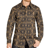 Black and gold long sleeve pearl snap shirt with two front chest pockets.
