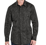 Men's black paisley printed long sleeve pearl snap shirt.