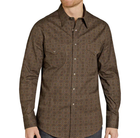 Dark brown long sleeve pearl snap shirt that has a medallion print and double snap flap closure. 