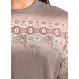 Close‑up of the model showcasing the Cowboy Border Sweatshirt.