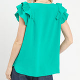 Back View of Women Wearing a Solid Teal Double Ruffle Short Sleeve Blouse