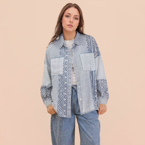 Mixed denim & pattern blue long sleeve button down shirt. 