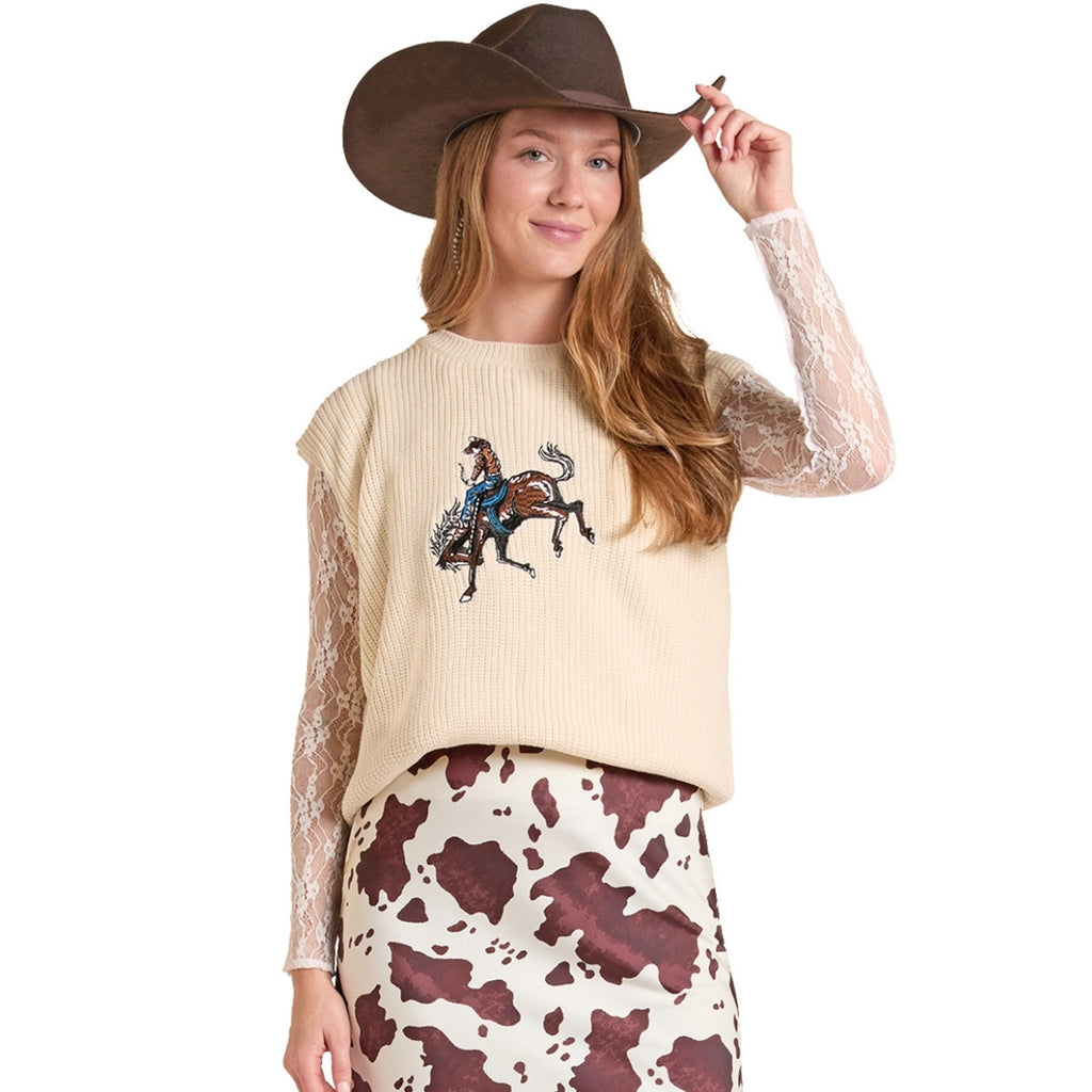Women’s Bronc Embroidered Turtleneck Vest – Natural