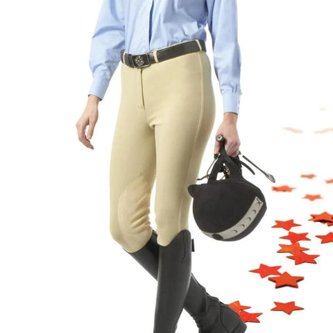 Model wearing beige pull on breeches. 