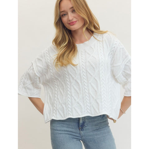 Off‑white women’s 3/4 sleeve knit sweater with a relaxed fit and textured fabric.