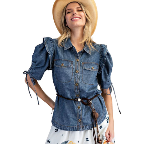 Front side of Medium Washed Denim Puff Short Sleeve Shirt 