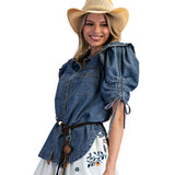 Front and side view of Medium Washed Denim Puff Short Sleeve Shirt 