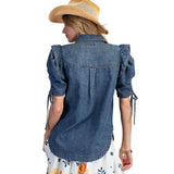 Back side view of Medium Washed Denim Puff Short Sleeve Shirt 