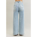 comfort-stretch light blue denim jeans with Criss cross high waist, wide leg and zip fly-back view