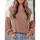 Leopard Print Color Block Ribbed Knit Pullover