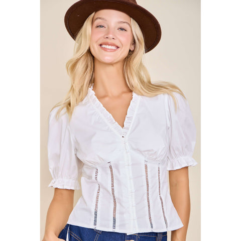 Model wearing the White Romance Ruffle V‑neck Puff Sleeve Blouse, front view showing the delicate ruffles, soft puff sleeves, and feminine silhouette.