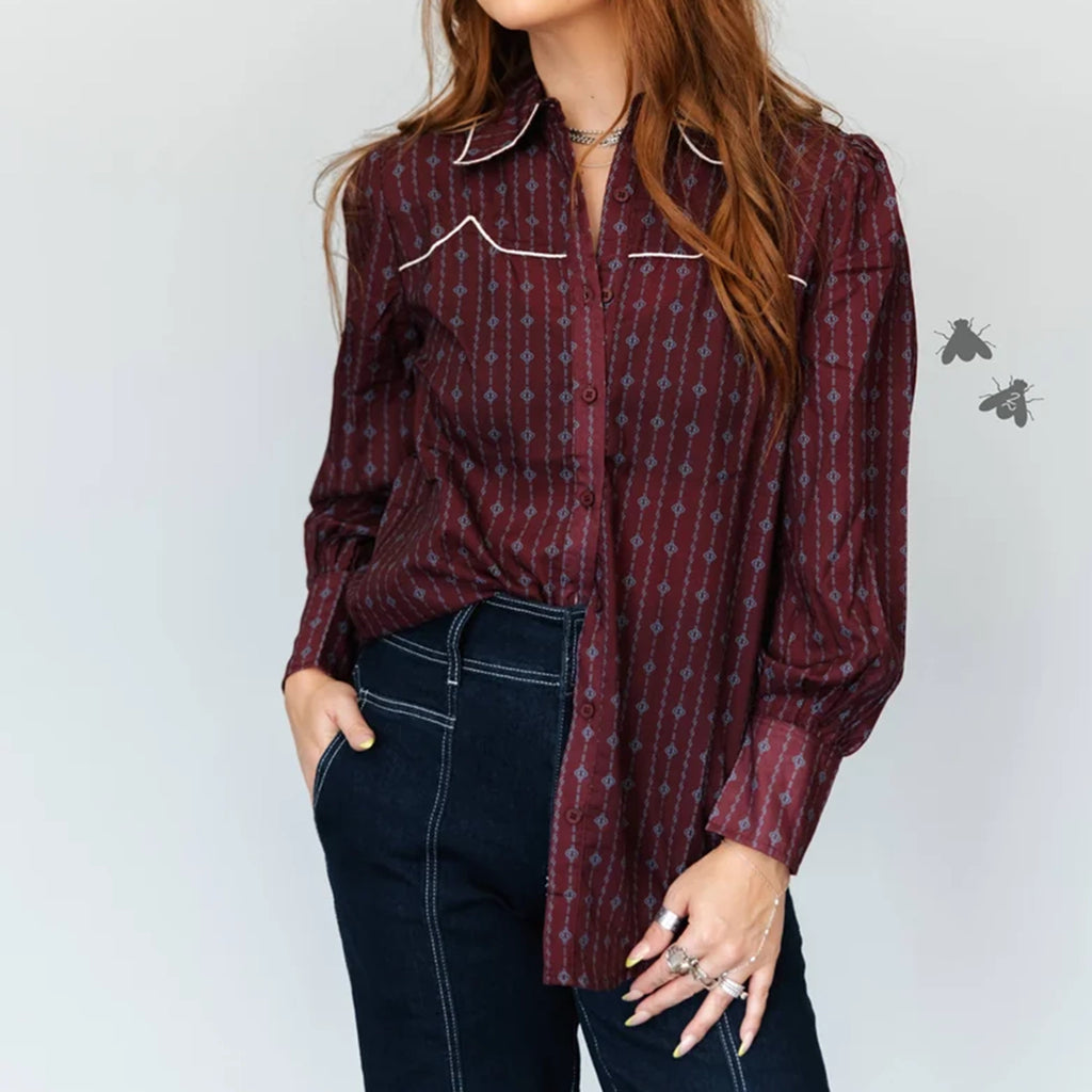 Fenced In Western button-up top shown from the front, featuring a relaxed fit and bold Western-inspired design.