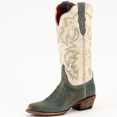 Pastel speckled boots with distressed blue foot. 