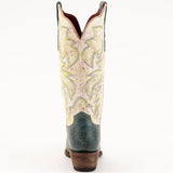 Pastel speckled boots with distressed blue foot back view