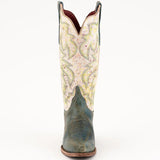 Pastel speckled boots with distressed blue foot front view