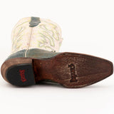 Sole of pastel speckled boots with distressed blue foot. 