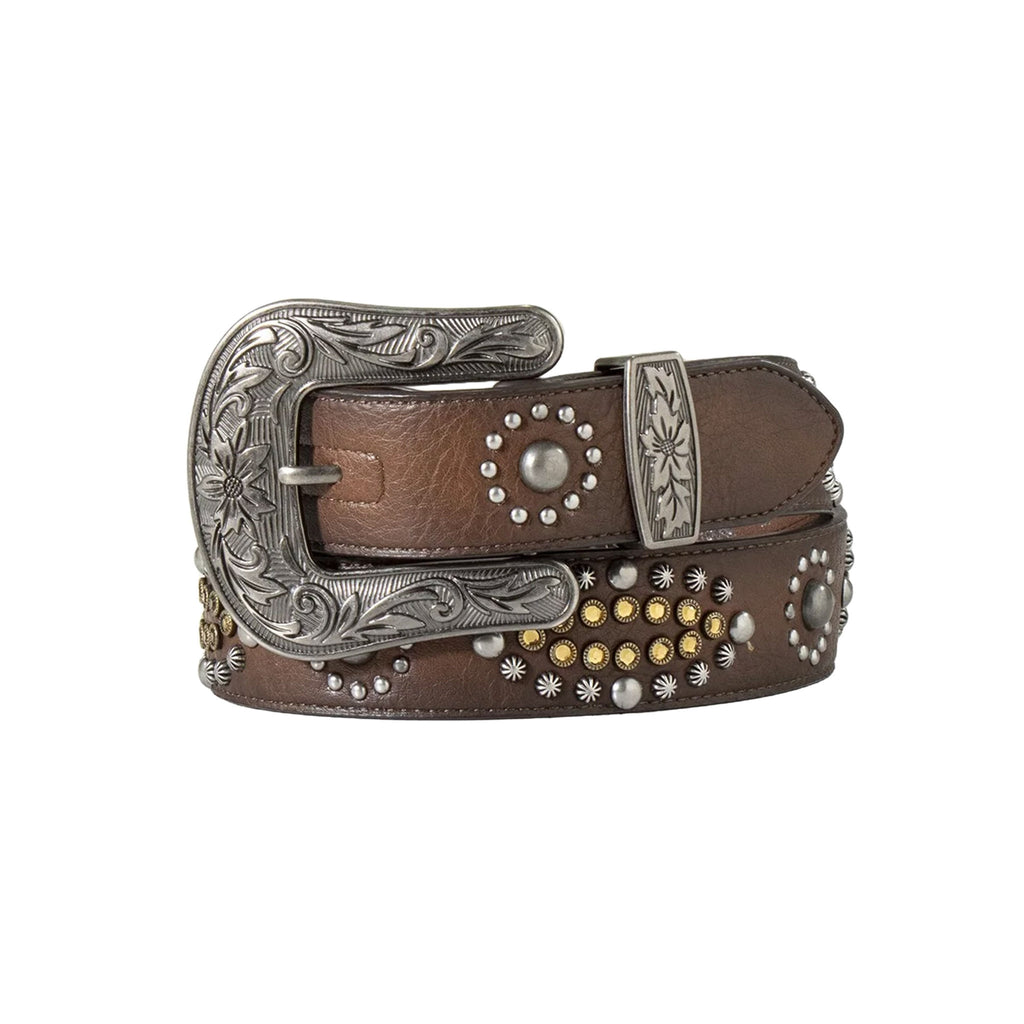 Coiled up view of the Nocona Women's Western Studded Brown Leather Belt 