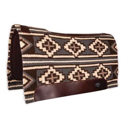 Patterned saddle pad with brown accents on a white background