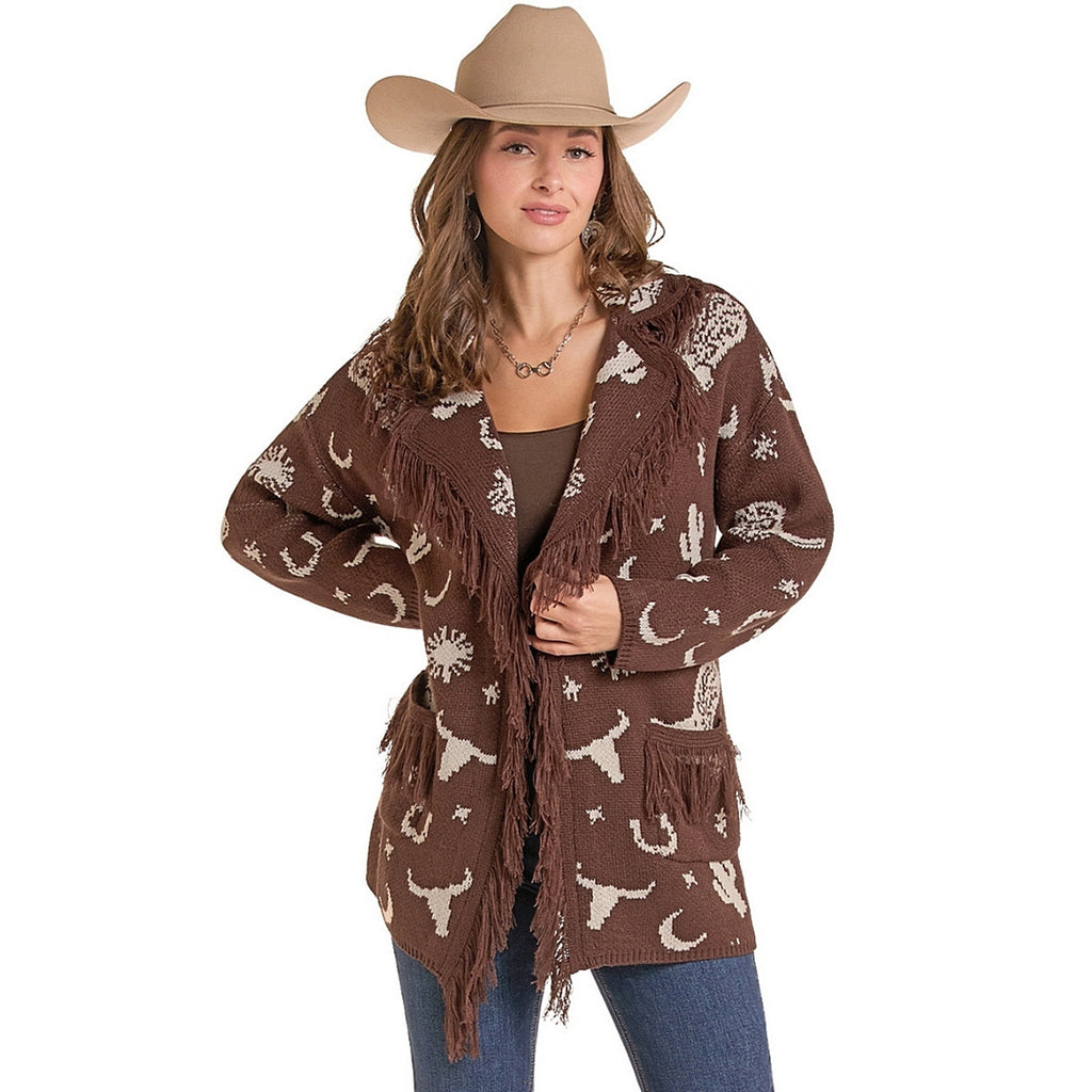 Rock & Roll Women's Brown Western Fringed Cardigan

