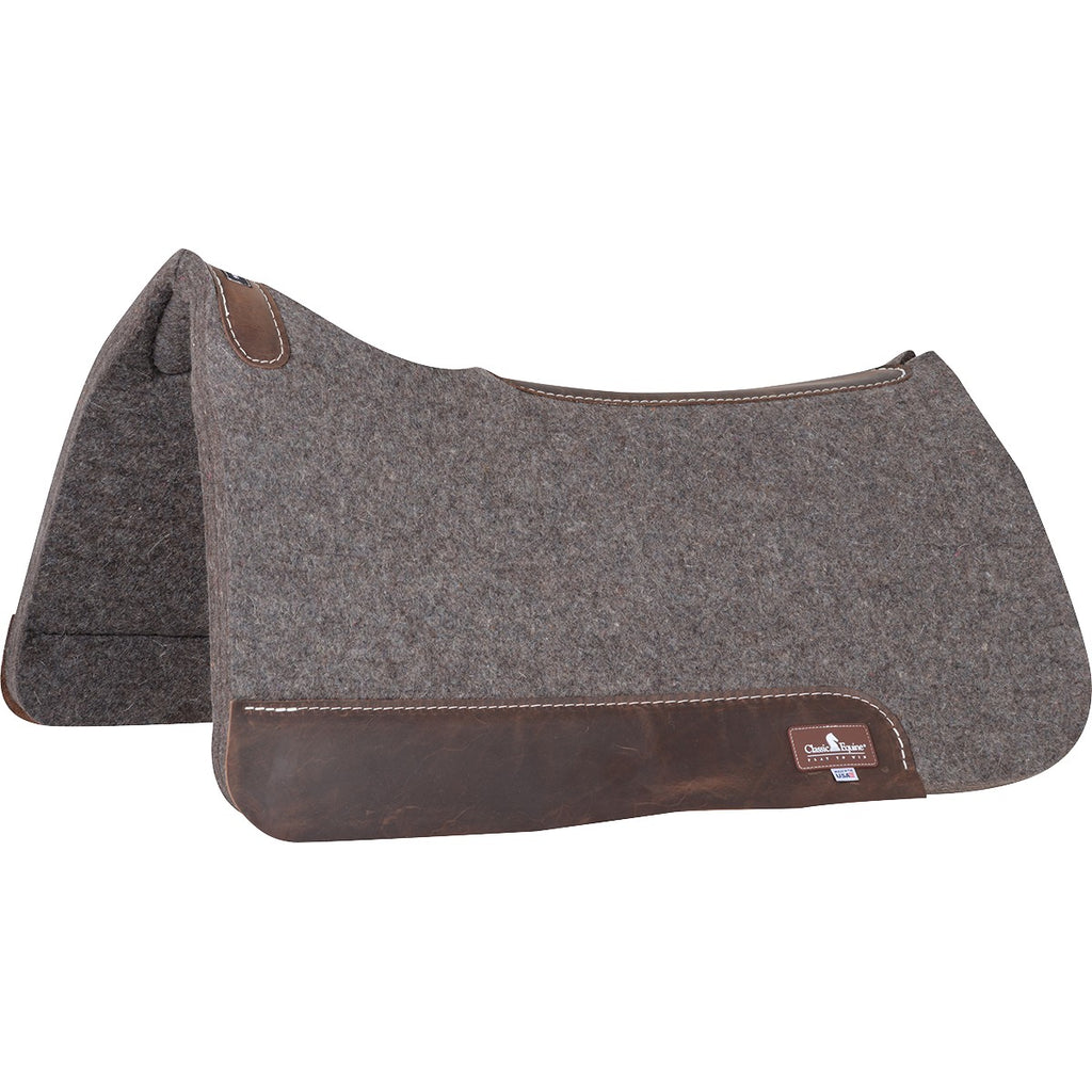 Gray felt classic equine saddle pad with brown edges on a white background.