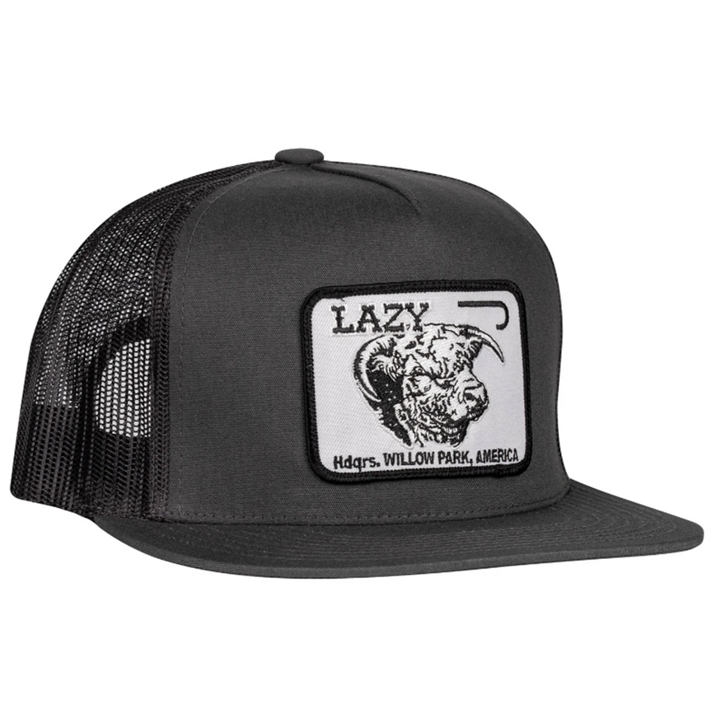 Dark Grey five panel trucker cap with lazy j ranch willow headquarters patch.