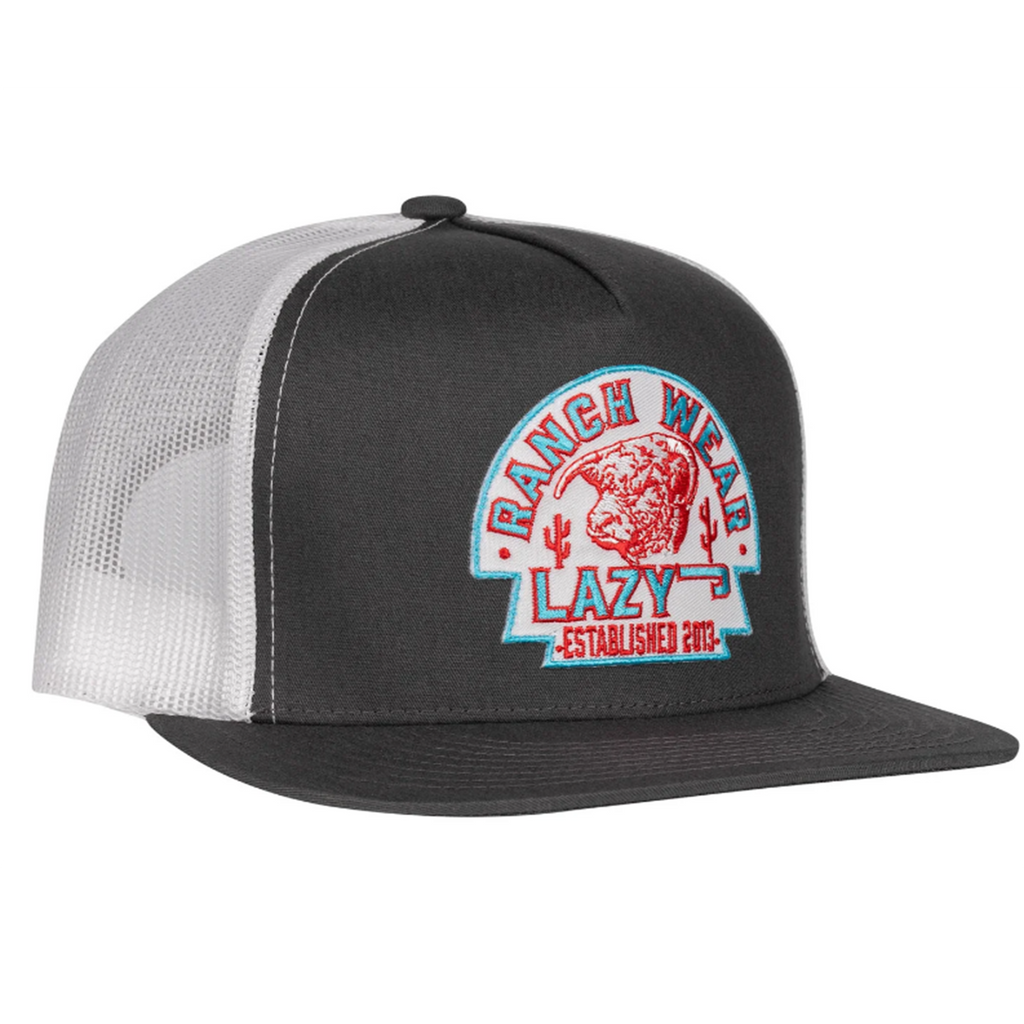 Grey and white five panel trucker hat with lazy j ranch turquoise arrowhead patch.