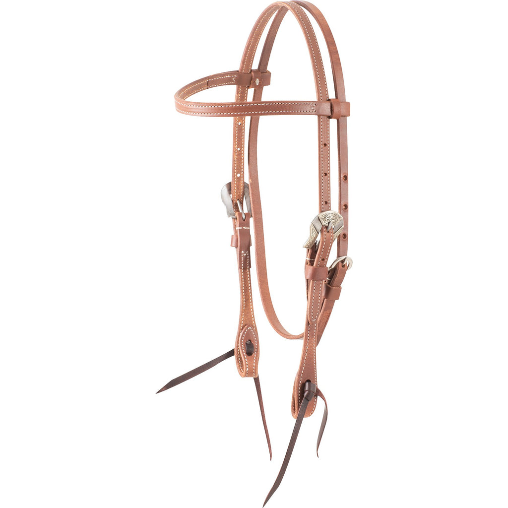 Brown leather browband headstall with deadwood buckle on a white background.