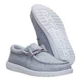 Side and bottom view of grey wally jersey pair. 