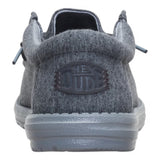 Back side view of single charcoal wally jersey shoe. 