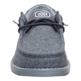 Front side view of charcoal wally jersey shoe. 