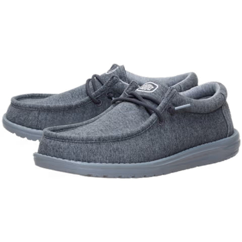 Side view of both charcoal wally jersey shoes. 