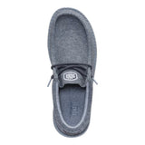 Top side view of one charcoal wally jersey shoes. 