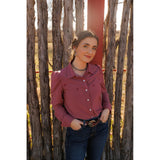 Model view of wine button up 