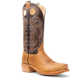 Light brown cowboy boot with dark brown top on a white back ground.