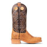 Side view of light brown boot with dark brown top on a white background.