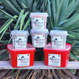 Two medium red containers of treats and three small containers of treats.