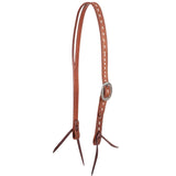 Brown leather headstall with a silver buckle on a white background
