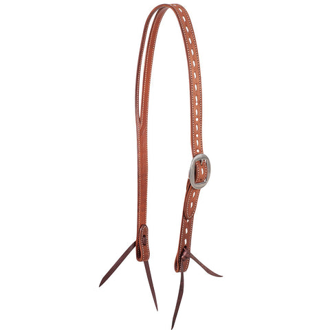 Brown leather headstall with a silver buckle on a white background