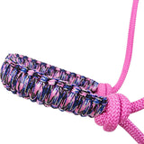 Closeup of pink camo noseband of the halter.